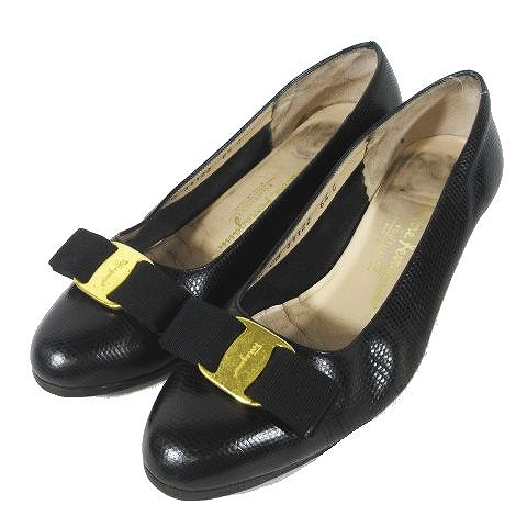 サルヴァトーレフェラガモ Salvatore Ferragamo ヴァラ リボン パンプス シューズ リザード型押し レザー ローヒール 革靴 サイズ6 5 黒 ブラック レディース 095 ベクトルパーク