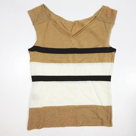 カールラガーフェルド Karl Lagerfeld ボーダー柄 Vネック ノースリーブ ニット プルオーバー トップス ベージュ ブラウン サイズ38 レディース 095 ベクトルパーク