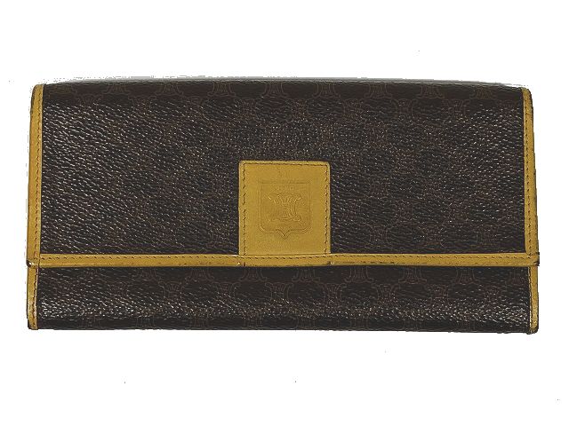 セリーヌ CELINE VINTAGE ヴィンテージ オールドセリーヌ マカダム柄 トリオンフロゴ 2つ折り 長財布 ベージュ ブラウン メンズ レディース ▲A3