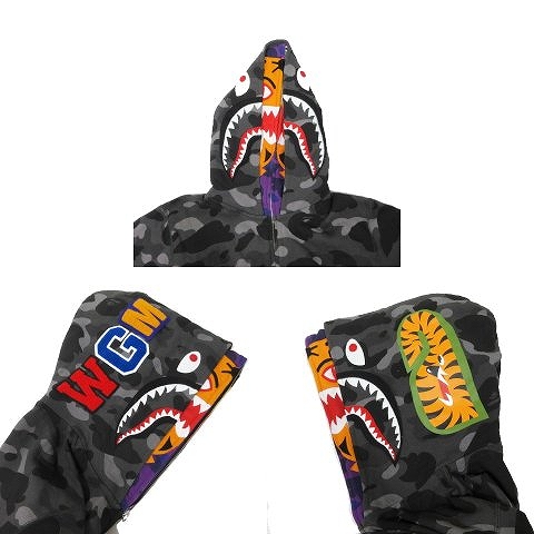39 割引 返品交換不可 アベイシングエイプ A Bathing Ape Colour Camo Tiger Shark Wide Full Zip Hoody カモ タイガー シャーク バーカー M グレー 9 メンズ ジャケット 上着 メンズファッション Europeancubicles Com