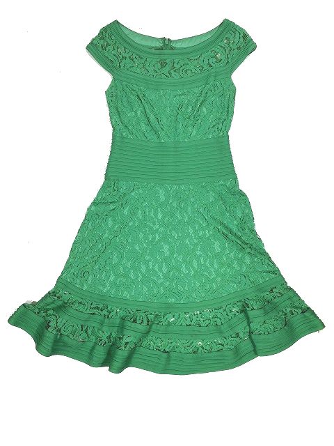タダシショージ Tadashi Shoji 半袖 レース ドレス ワンピース フレア 膝丈 ハーフ丈 緑 グリーン レディース サイズ4 095 ベクトルパーク
