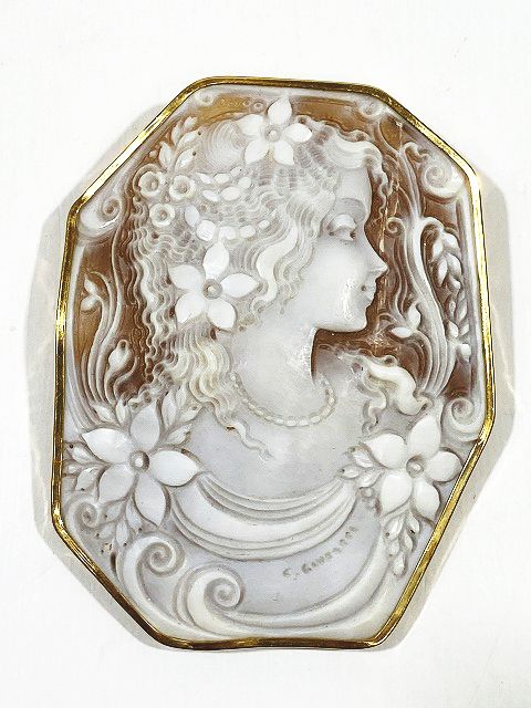 シェル カメオ ブローチ ペンダントトップ K18 750 フレーム 横顔 女性
