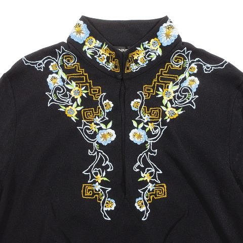 ヴィヴィアンタム VIVIENNE TAM 花刺繍 チャイナ パワーネット ブラウス シャツ 長袖 マオカラー スタンドカラー トップス サイズ0 ブラック 黒 レディース ▲A7
