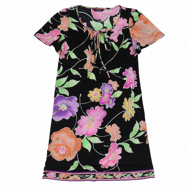 極美品 レオナール LEONARD カンカン素材 パフスリーブ 半袖 フラワー  