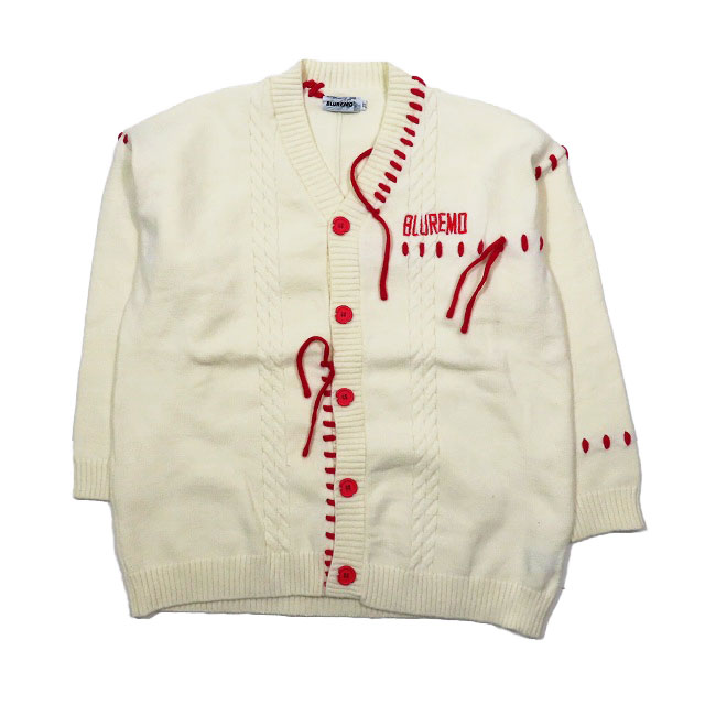 BLUREMO オーバーサイズ ニット カーディガン Vネック 刺繍 長袖 アウター ホワイト レッド XL メンズ レディース Rocky Monroe カーディガン オーバーサイズダメージVネック