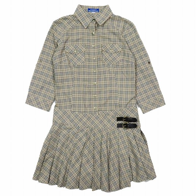 美品BURBERRYベージュノバチェックワンピースバーバリーブルーレーベルワンピ 美品 バーバリーブルーレーベル BURBERRY BLUE  LABEL ノバチェック柄 シャツ ワンピース 7分袖 ミニ丈 プリーツスカート ベージュ サイズ36 レディース ▲C2