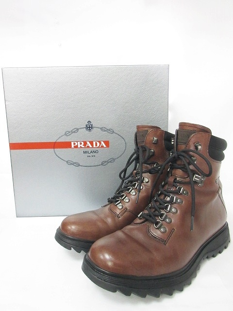 PRADA 取出し プラダ サイドベルト レザーブーツ ブラウン 