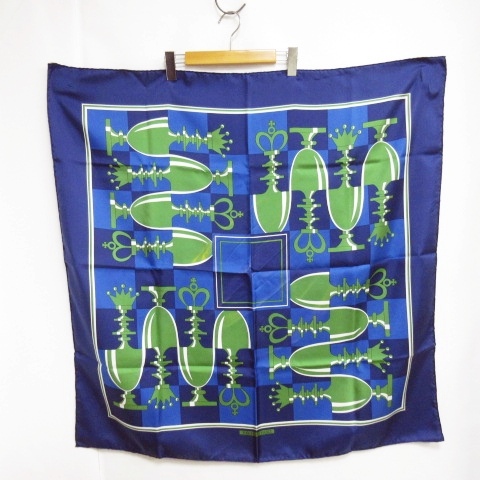 ❤お得なお品❤クリーニング済 エルメス カレ90 ブルー スカーフ 箱付き エルメス HERMES カレ 90 スカーフ シルク100％ チェス プリント