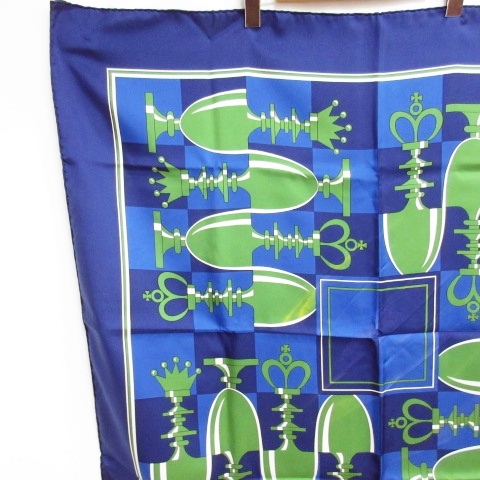 ❤お得なお品❤クリーニング済 エルメス カレ90 ブルー スカーフ シルク エルメス HERMES カレ 90 スカーフ シルク100％ チェス プリント