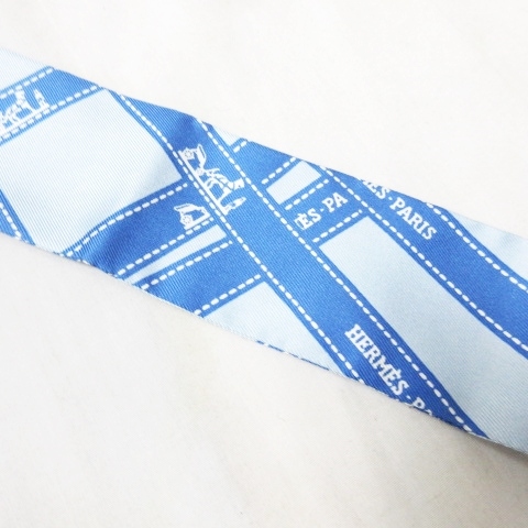 ☆HERMES☆エルメス ツイリー 水色　ブルー　ボルデュック　リボン柄 エルメス HERMES ツイリー ボルデュック リボン スカーフ シルク
