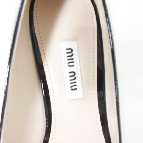 未使用品 ミュウミュウ miumiu ロゴ ビジュー パンプス チャンキーヒール キラキラ シューズ ローヒール エナメル 黒 37 1026 レディース