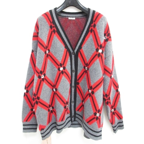 未使用品 ミュウミュウ Miumiu 18aw ビジュー付き ニット カーディガン チェック オーバーサイズ ヴァージンウール グレー レッド 赤 灰 40 1024 レディース 098 ベクトルパーク