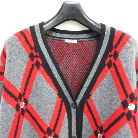 未使用品 ミュウミュウ miumiu 18AW ビジュー付き ニット カーディガン 