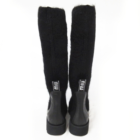 未使用品 ミュウミュウ miumiu レザー＋ニット ブーツ ロングブーツ 