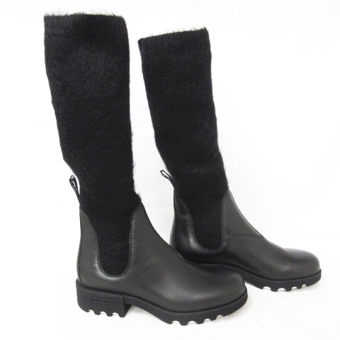 未使用品 ミュウミュウ miumiu レザー＋ニット ブーツ ロングブーツ 