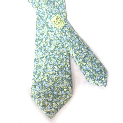 エルメス HERMES ネクタイ 花柄 フラワー プリント シルク ブルー