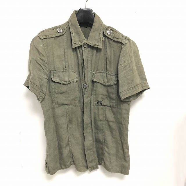 ロアー Roar ダメージ加工 リネン ミリタリーシャツ 半袖 2丁拳銃ワンポイント 緑 カーキ 2 0106 メンズ 098 ベクトルパーク