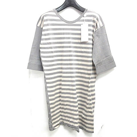 マルタンマルジェラ Martin Margiela 14ss ボーダー柄 切替ニット ワンピース 膝丈 半袖 コットン グレー ベージュ M 03 レディース 098 ベクトルパーク