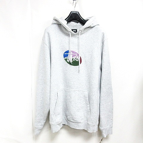 ステューシー STUSSY パーカー プルオーバー ワッペン ロゴ刺繍 グレー 