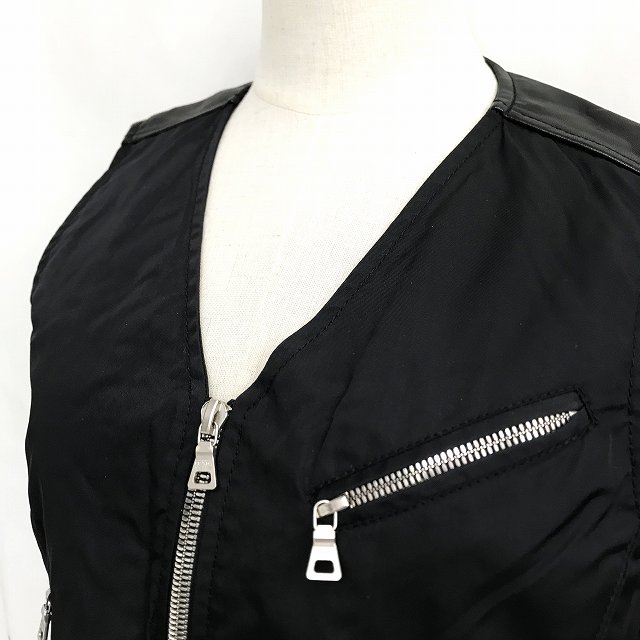 プラダ PRADA ヨークレザー ナイロン ベスト ジレ ジップアップ 黒 