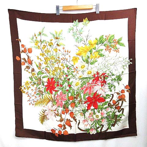 グッチ Gucci オールド ヴィンテージ スカーフ シルク 花柄 フラワーイラスト ブラウン系 1223 Ibs17 レディース 098 ベクトルパーク