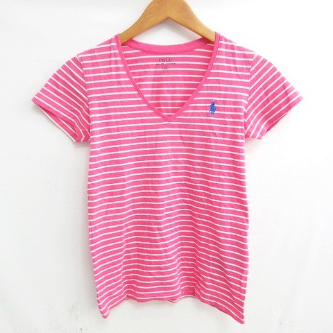 【美品】Ralph Laurenラルフローレン コットンボーダー柄半袖カットソー POLO RALPH LAUREN コットン ロゴ刺繍 ボーダー柄 半袖Tシャツ
