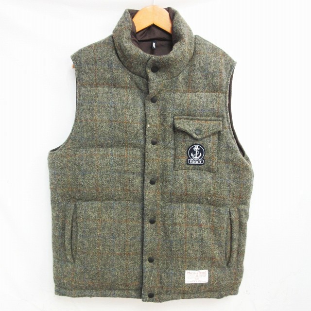 フィデリティ Fidelity Xハリスツイード Harris Tweed 9f 01harris Reversible Down Vest リバーシブルダウンベスト ジャケット 羽織り 上着 ノースリーブ ウール ナイロン チェック柄 格子柄 スナップボタン ワンポイント ロゴ グリーン系 ブラウン L Ibo22 0424 メンズ
