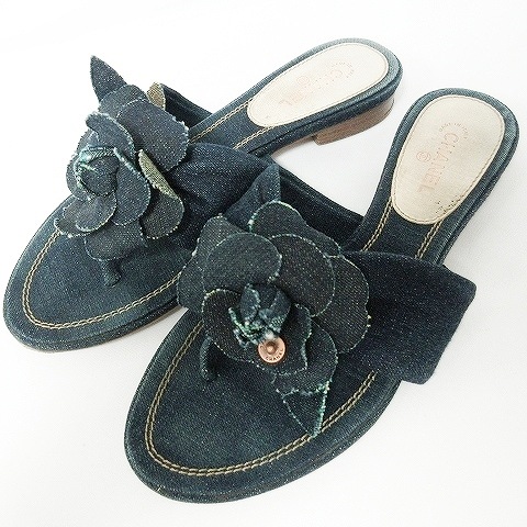 シャネル CHANEL デニム地 トングサンダル ビーチサンダル フラワー 花  