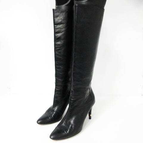 シャネル黒 レザー ロングブーツ ポインテッドトゥ
