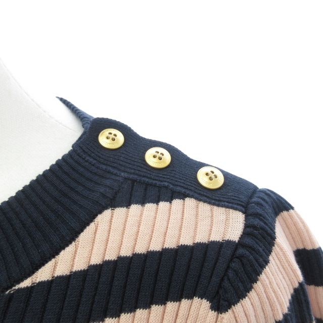 ブルーレーベルクレストブリッジ BLUE LABEL CRESTBRIDGE ニット セーター 半袖 シルク混 ボーダー柄 金ボタン パフスリーブ ピンク×ネイビー 38 約M相当 IBO25 0809 レディース