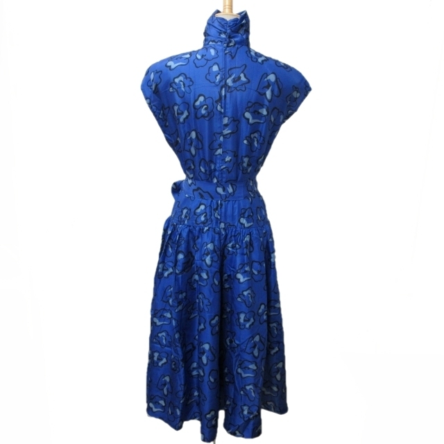 Oscar de la Renta オスカーデラレンタ シルク ワンピース リボン 総柄 ブルー 青 9 A3 約Mサイズ 0303 レディース