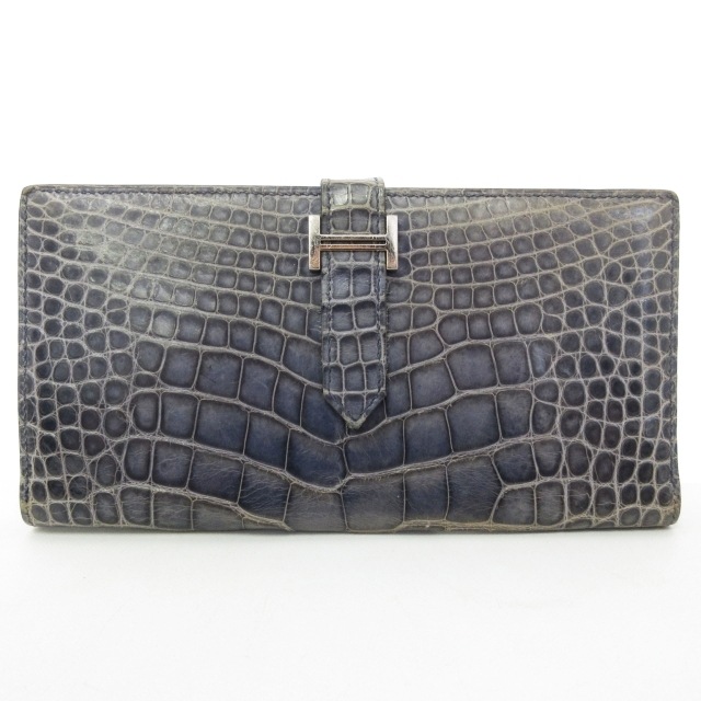 クロコダイルレザー 長財布 ダークブラウン　べアン HERMES クロコダイルレザー べアン 長財布 クロコダイルレザー 長財布