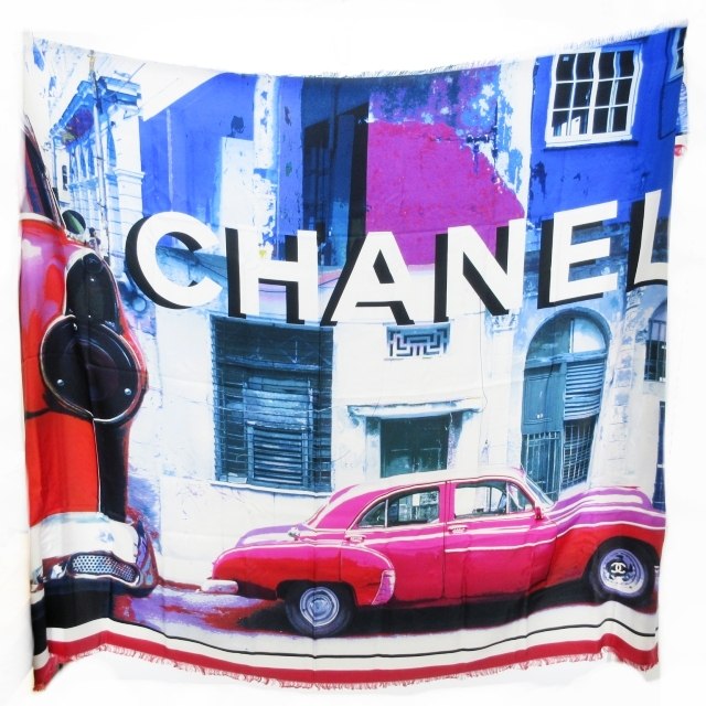 シャネル CHANEL シルクスカーフ ストール ショール 大判 フリンジ 車 