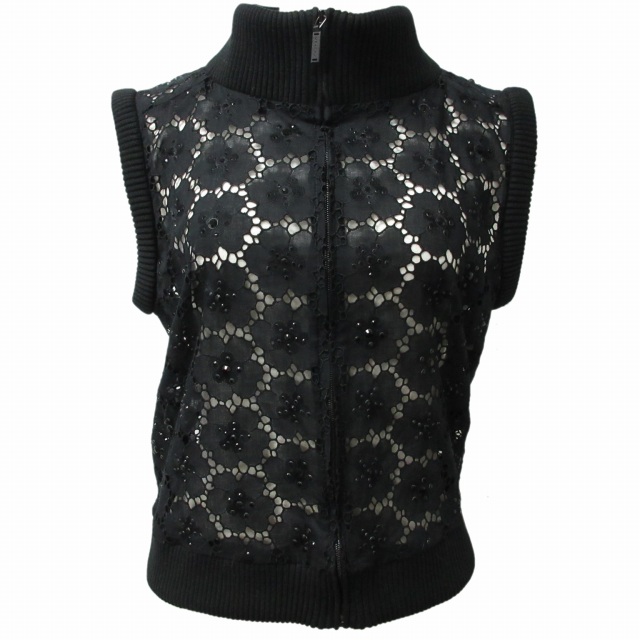 シャネル CHANEL リブニット切替 花柄レース ノースリーブジャケット  
