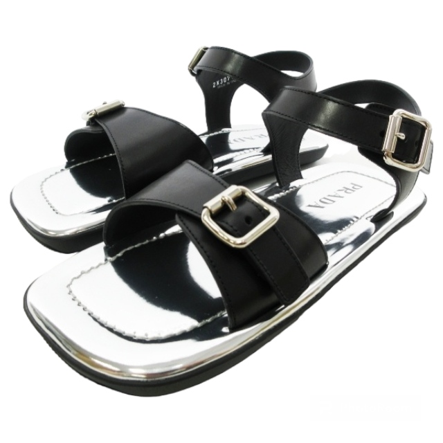 未使用品 プラダ PRADA 22SS メタリックレザー サンダル シューズ 靴 