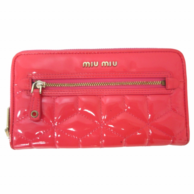 ミュウミュウ miumiu エナメル長財布 ウォレット ゴールド金具 ピンク 