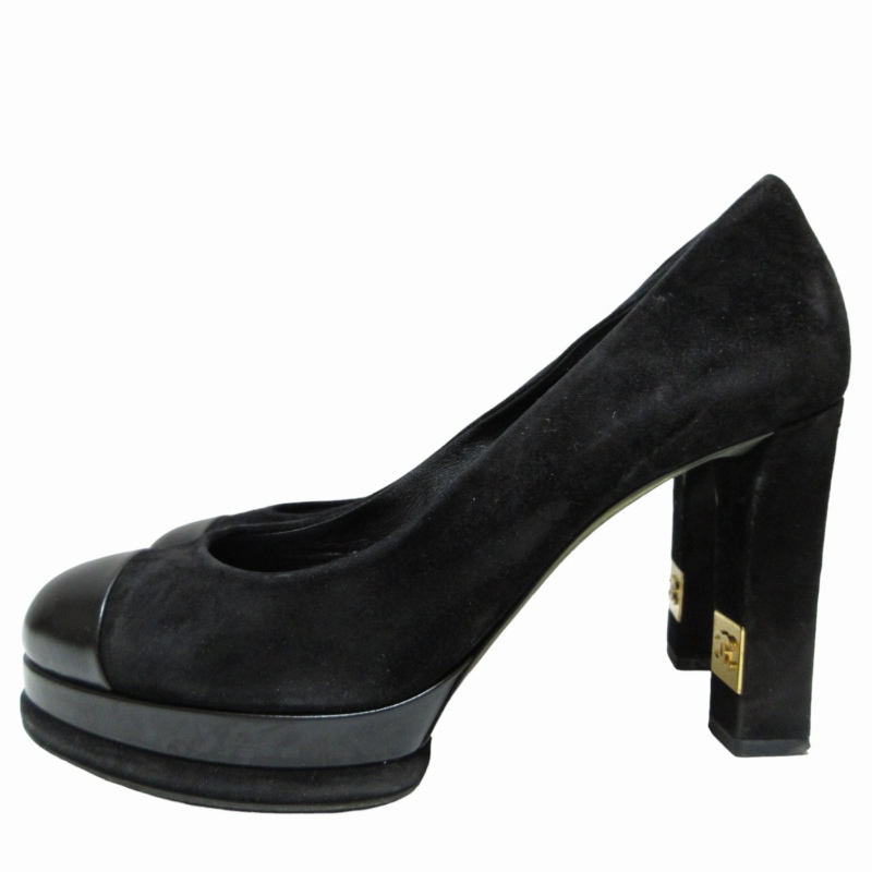 CHANEL スウェードパンプス チャンキーヒール ココマーク 黒×ゴールド