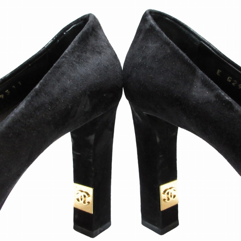 CHANEL スウェードパンプス チャンキーヒール ココマーク 黒×ゴールド