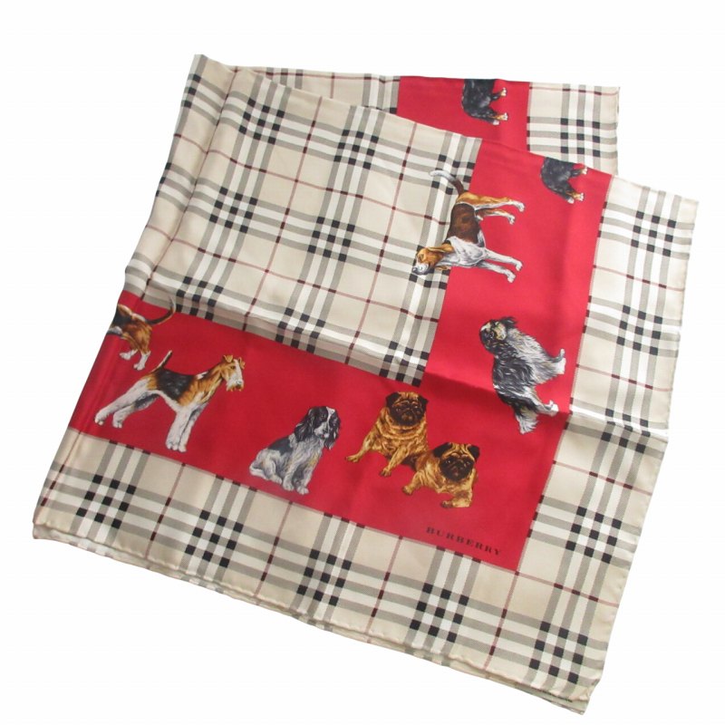 バーバリー BURBERRY 極美品 ノバチェック シルク スカーフ 犬柄 