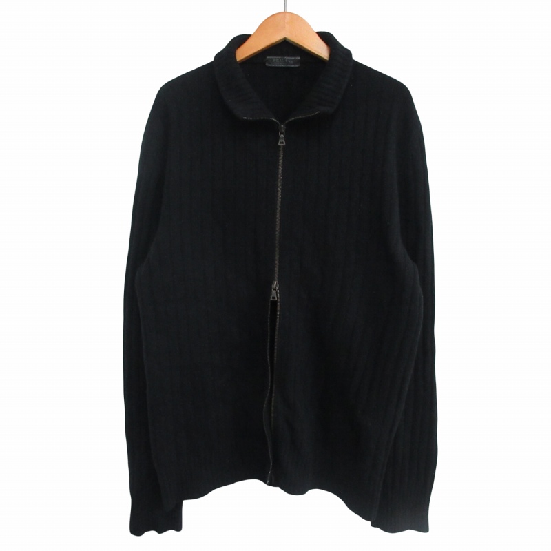 J6442 美品 プラダ ウールカシミヤリブニットドライバーズニット 黒 52 プラダ PRADA 00s Archive W-Zip Drivers Knit ウールカシミヤ