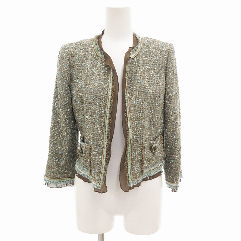 FOXEY BOUTIQUE ノーカラーツイードジャケット ピンク ラメ 40