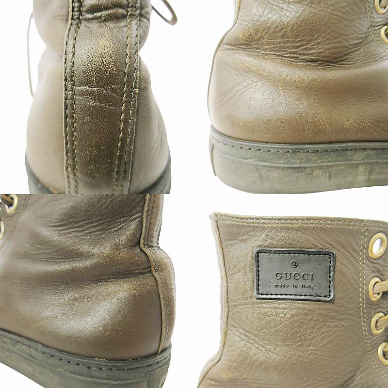 【中古】グッチ GUCCI レザー ショートブーツ ハイカット スニーカー ブラウン 革紐 ブラウン 茶 0729 IBO78 メンズ グッチ GUCCI レザー ショートブーツ ハイカット スニーカー ブラウン