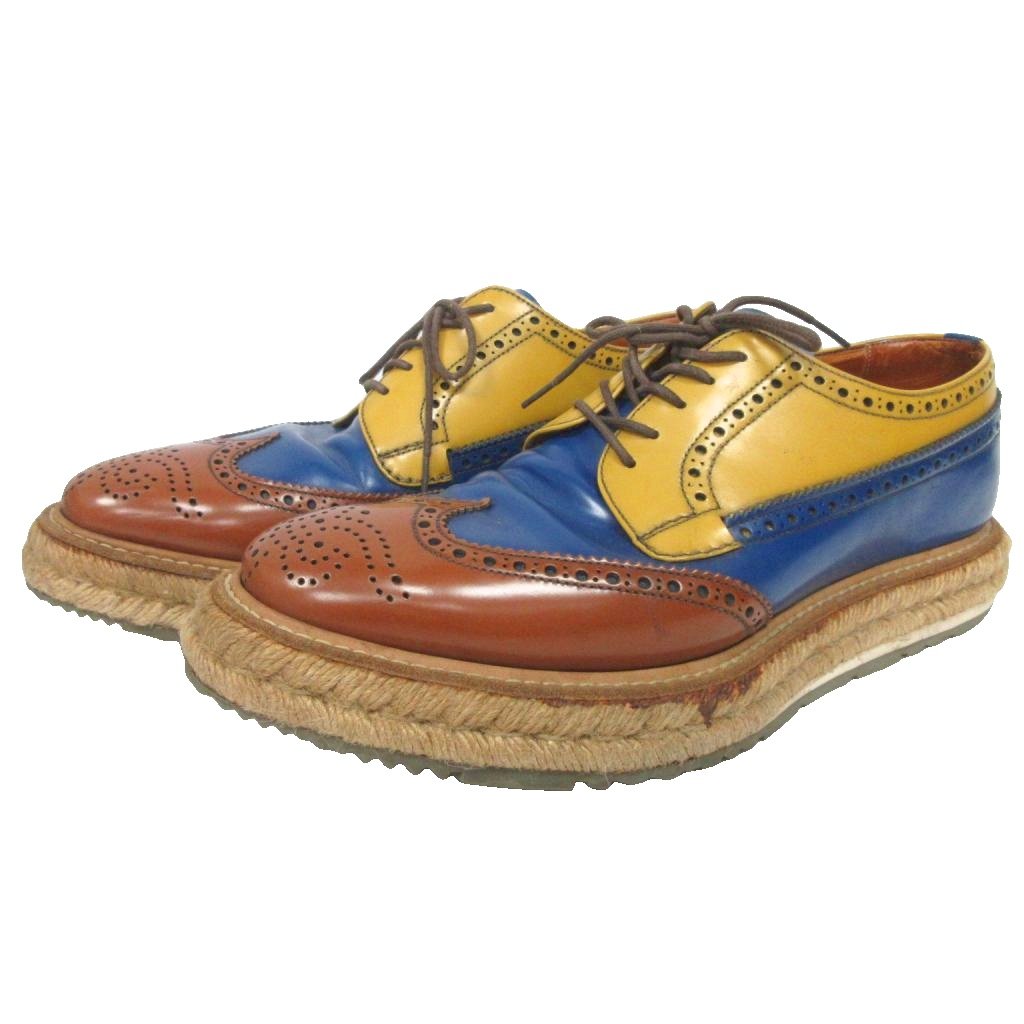 プラダPRADAウイングチップ レースアップ エスパドリーユ26.5 厚底 靴