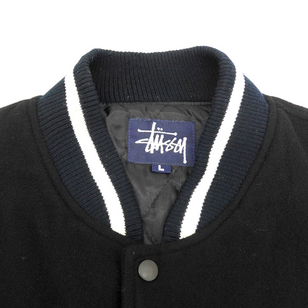 【90s】Stussy BIG4 名作スタジャン 袖レザー 黒×黒 Mサイズ STUSSY オールドステューシー 90's スタジャン BIG4 レザー 刺繍