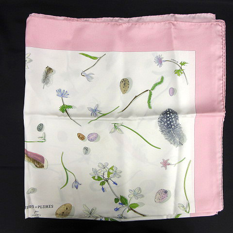 エルメス HERMES スカーフ FLEURS et PLUMES カレ90 シルク100％ 白