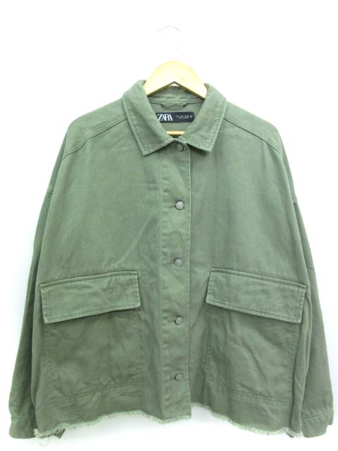 ザラ Zara オーバーサイズ ドロップショルダー ジャケット カットオフ アウター 上着 カーキ L レディース 103 ベクトルパーク