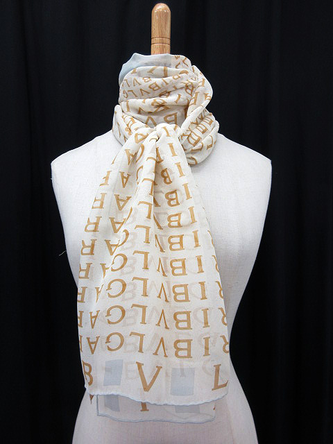 ブルガリ BVLGARI ストール スカーフ 総柄 ロゴ シルク 絹 ベージュ  