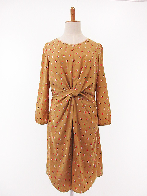 スープ Soup ワンピース 長袖 パフスリーブ 膝丈 台形 セミタイト 総柄 結び目フロント ベージュ 9 M レディース 111 ベクトルパーク