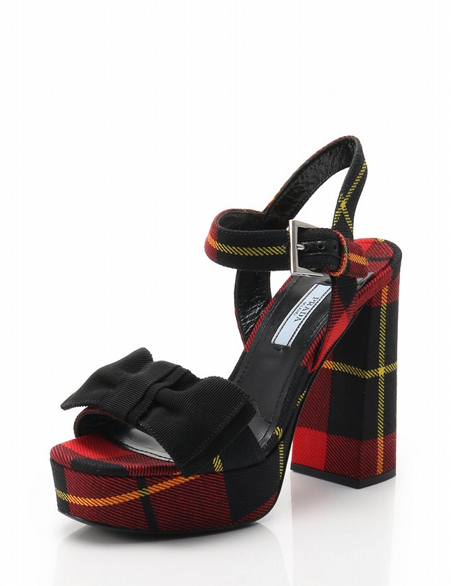 プラダ PRADA タータンチェック柄 リボン ヒールサンダル シューズ 37 