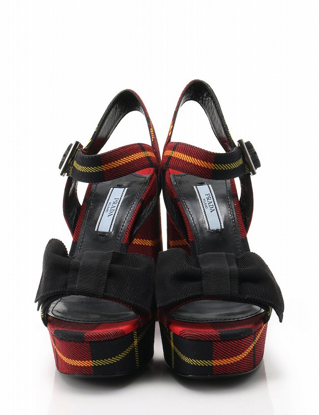 プラダ PRADA タータンチェック柄 リボン ヒールサンダル シューズ 37 